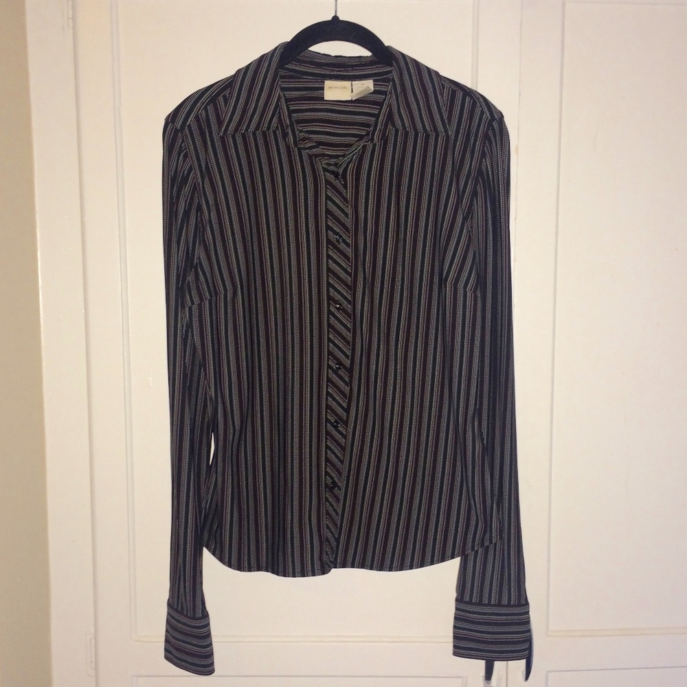 MERONA BUTTON DOWN LONG SLEEVE BLACK W/STRIPES TOP